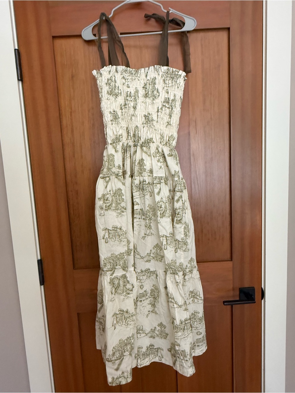 En Saison Nordstrom Cream Sundress with Olive Toile Print and Brown Tie Strap - Picture 5 of 7